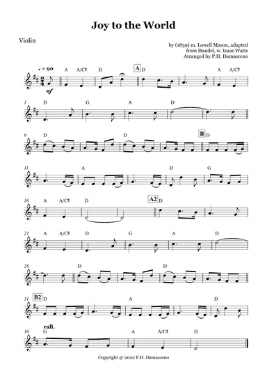 Joy to the World - Violin Solo and Piano Accompaniment with Chords (arr. P.H. Damasceno)