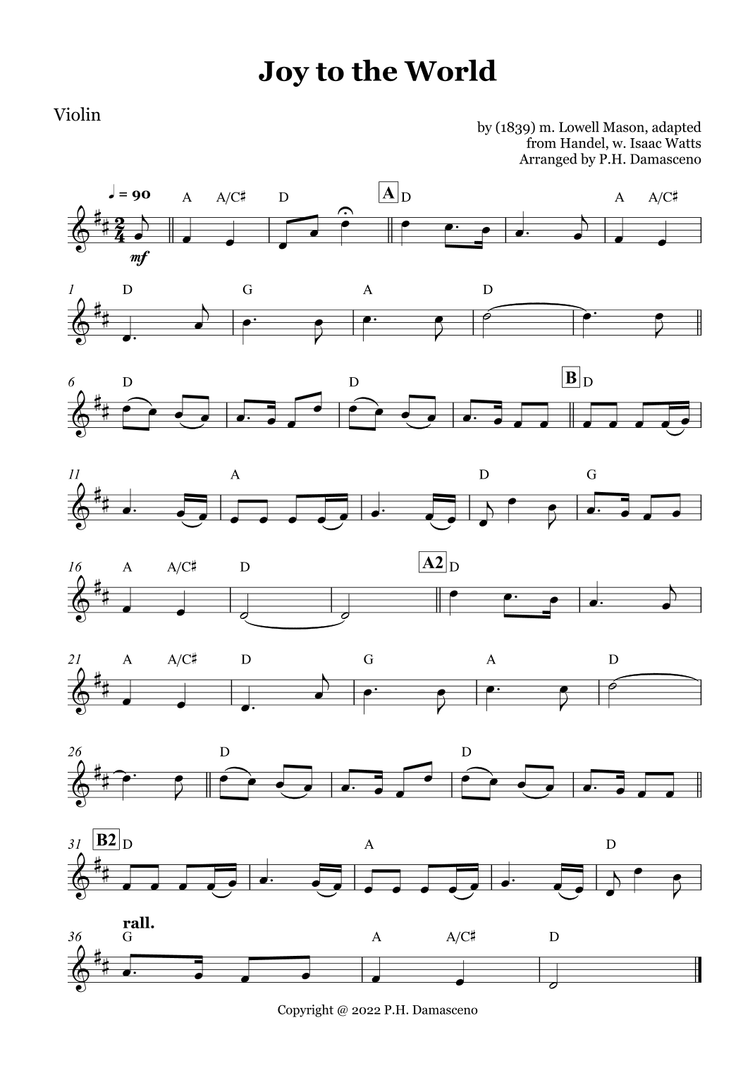 Joy to the World - Violin Solo and Piano Accompaniment with Chords (arr. P.H. Damasceno)