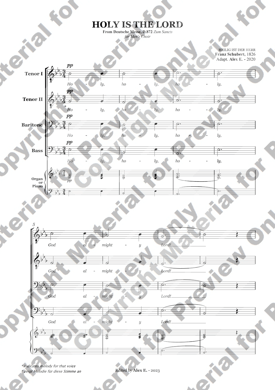 Holy is the Lord - For Men's Choir (Full Score TTBB with accompaniment) (arr. Alex E.)