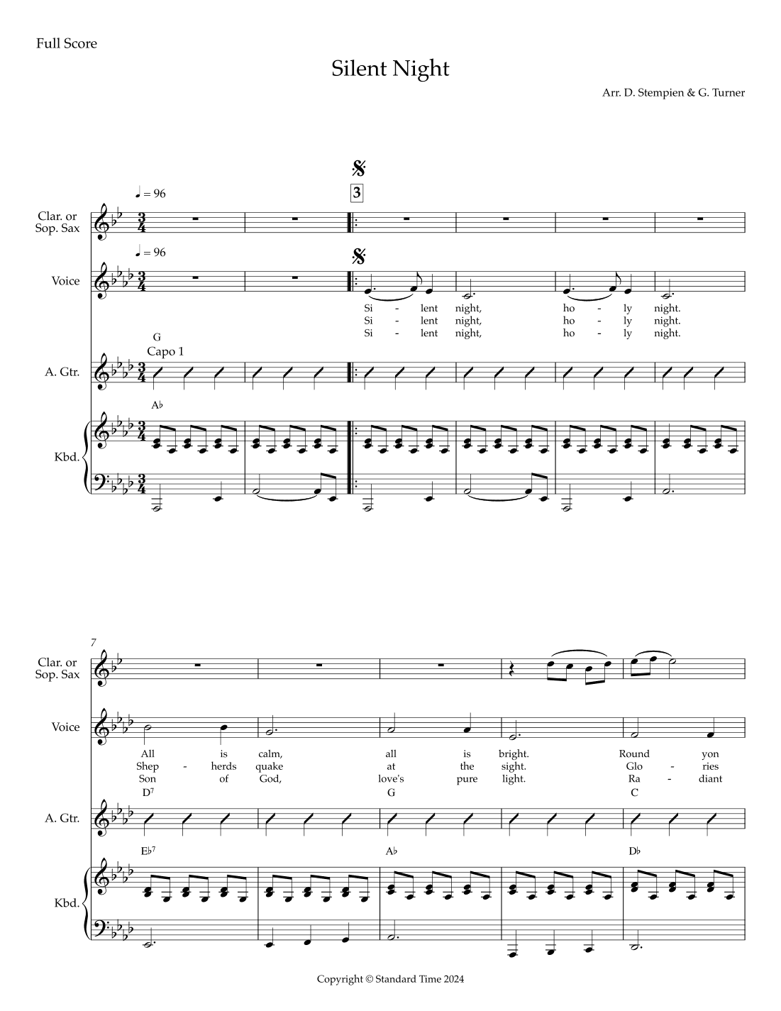 Silent Night for Unison Choir (Clarinet or Soprano Sax Descant, Piano and/or Guitar Accompaniment) (arr. Debra E. Stempien, Gregory H. Turner)