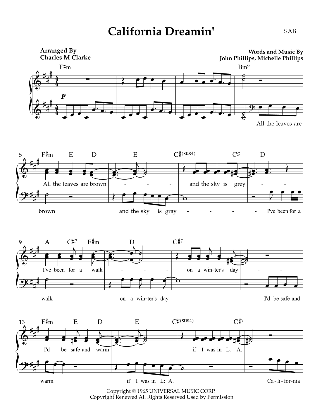 California Dreamin' (arr. Charles M Clarke)
