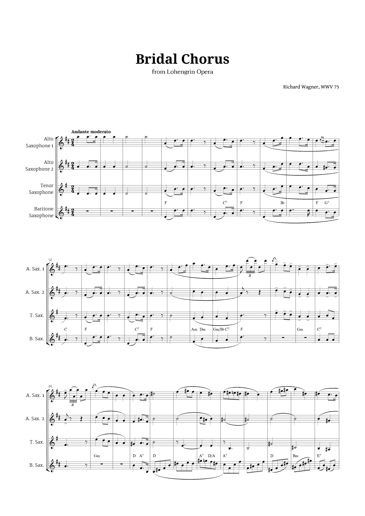 Bridal Chorus by Wagner for Sax AATB Quartet with Chords (arr. Langanho)