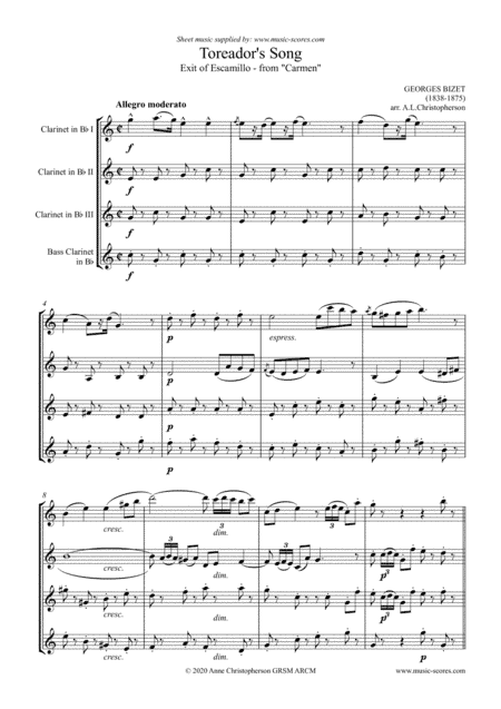 The Toreador Song from Carmen - 3 Clarinets and Bass Clarinet (arr. Anne L Christopherson GRSM ARCM)