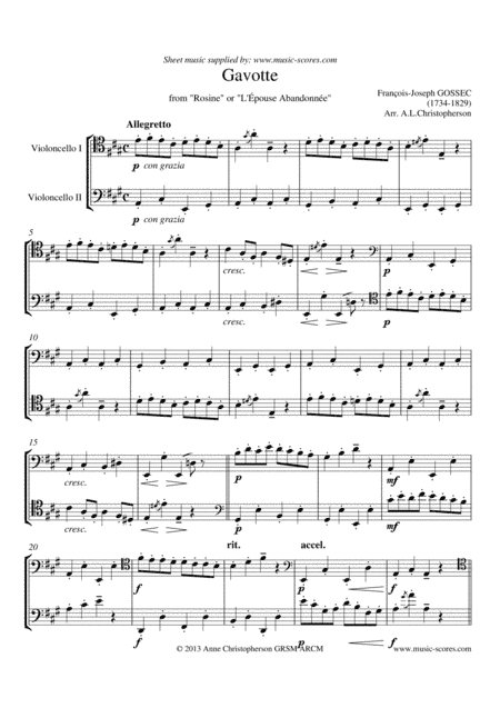 Gavotte from "Rosine" - Cello Duet (arr. Anne Christopherson GRSM ARCM)