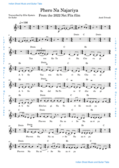 Phero Na Najariya (arr. Indian Sheet Music and Guitar Tabs)
