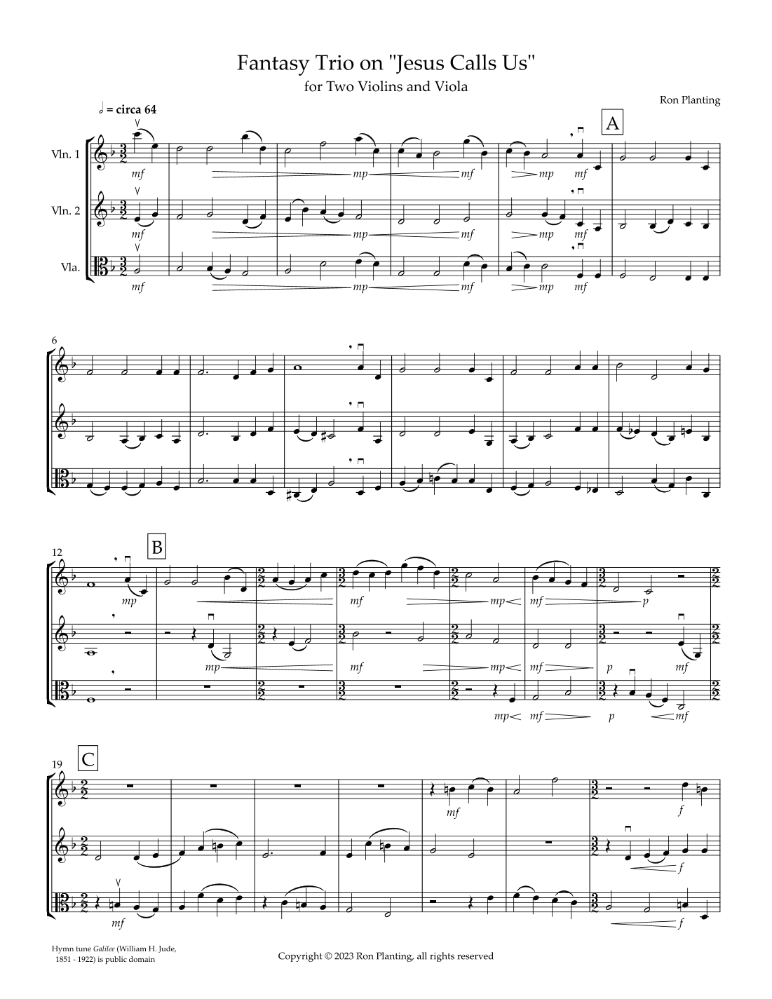 Fantasy Trio on Jesus Calls Us for Two Violins and Viola
