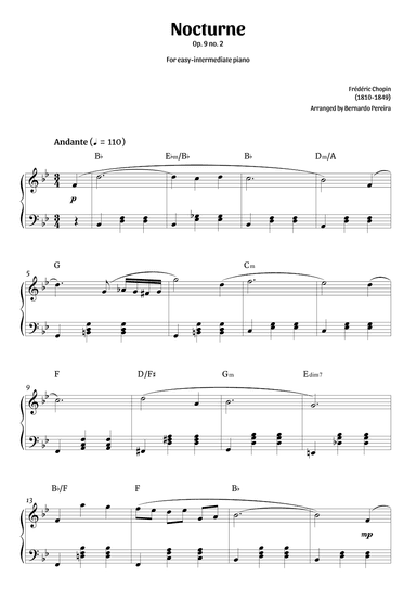 Nocturne Op. 9 no. 2 (easy-intermediate piano in Bb major – clean with chords) (arr. Bernardo Pereira)
