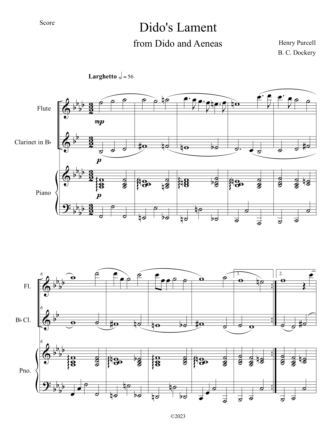 Dido's Lament (Flute and Clarinet Duet with Piano Accompaniment) (arr. B. C. Dockery)