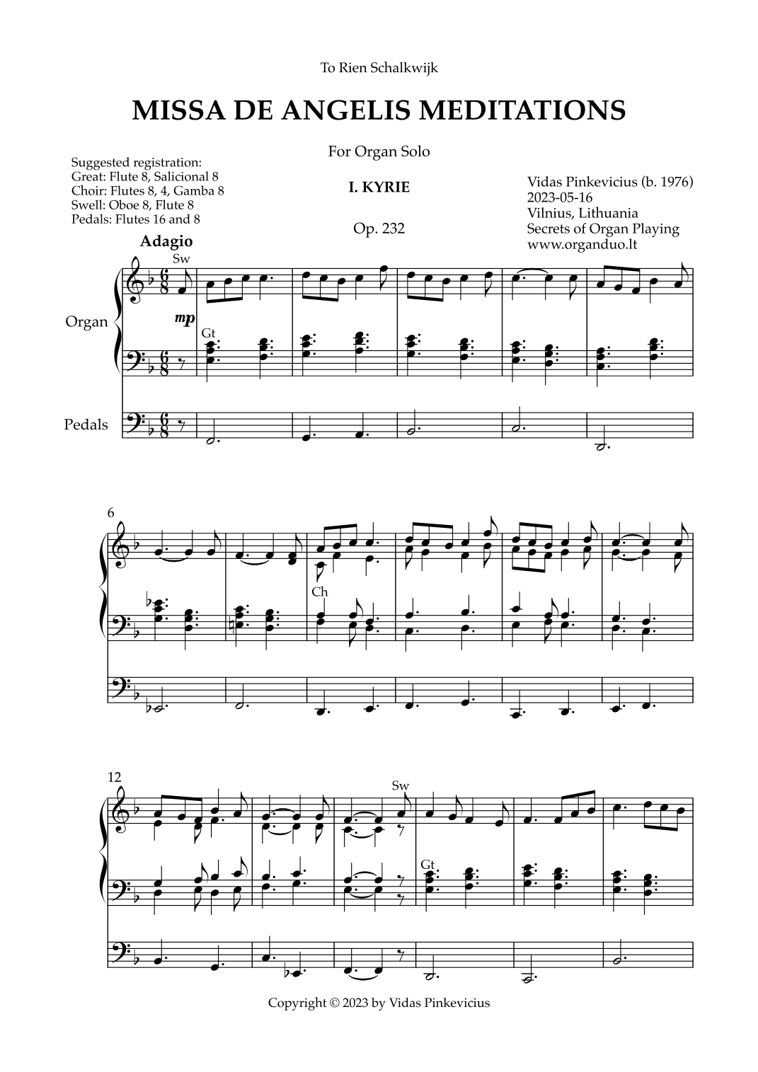 Missa de Angelis Meditations, Op. 232 (Organ Solo) by Vidas Pinkevicius