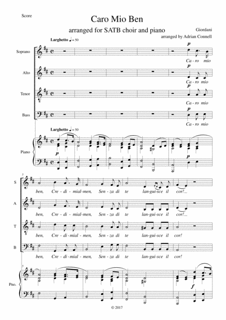Giordani Caro Mio Ben arranged for SATB choir and piano (or organ) (arr. Adrian Connell)