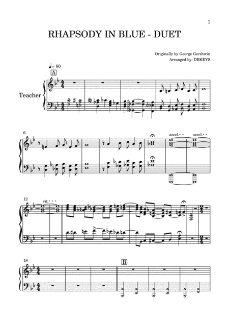 Rhapsody In Blue - Piano DUET (Teacher's part) (arr. DBKEYS)