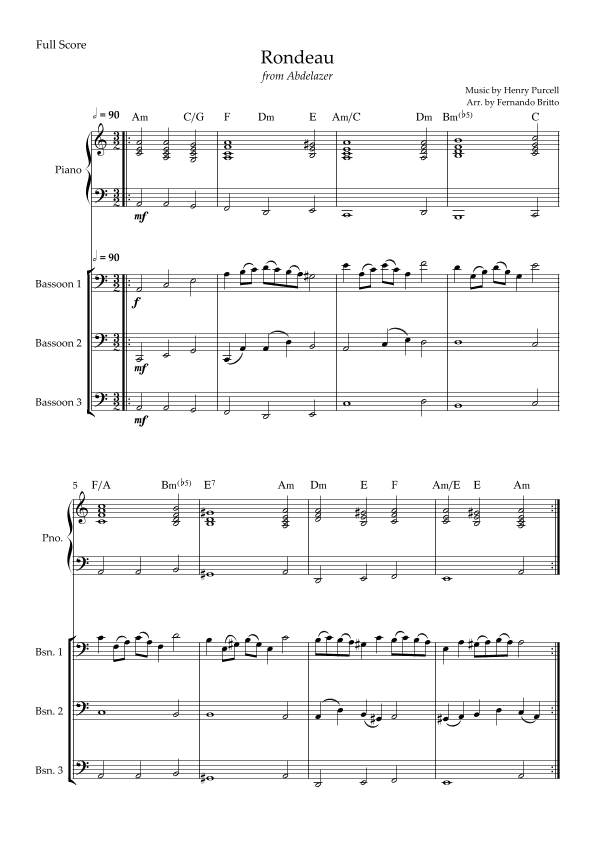 Rondeau (from Abdelazer) for Bassoon Trio and Piano Accompaniment with Chords (arr. Fernando Britto)