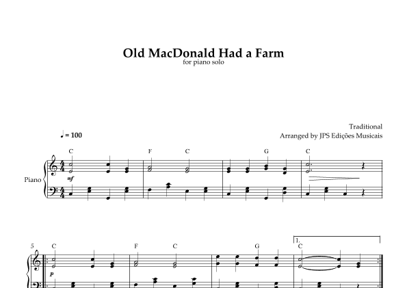 Old MacDonald Had A Farm for piano solo (arr. JPS Edições Musicais)