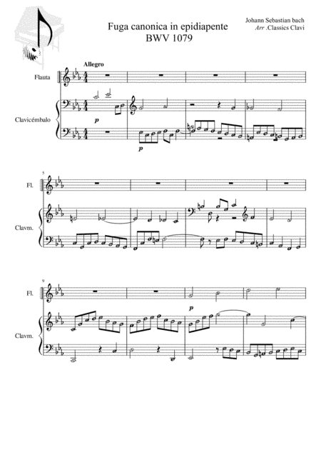 Fuga Canonica in Epidiapente BWV 1079, for flute and harpsichord (arr. Classics Clavi)