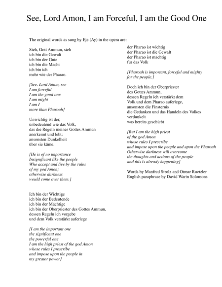 See Lord Amon, I am Forceful, I am the Good One (from the opera ATON) for viola and cello