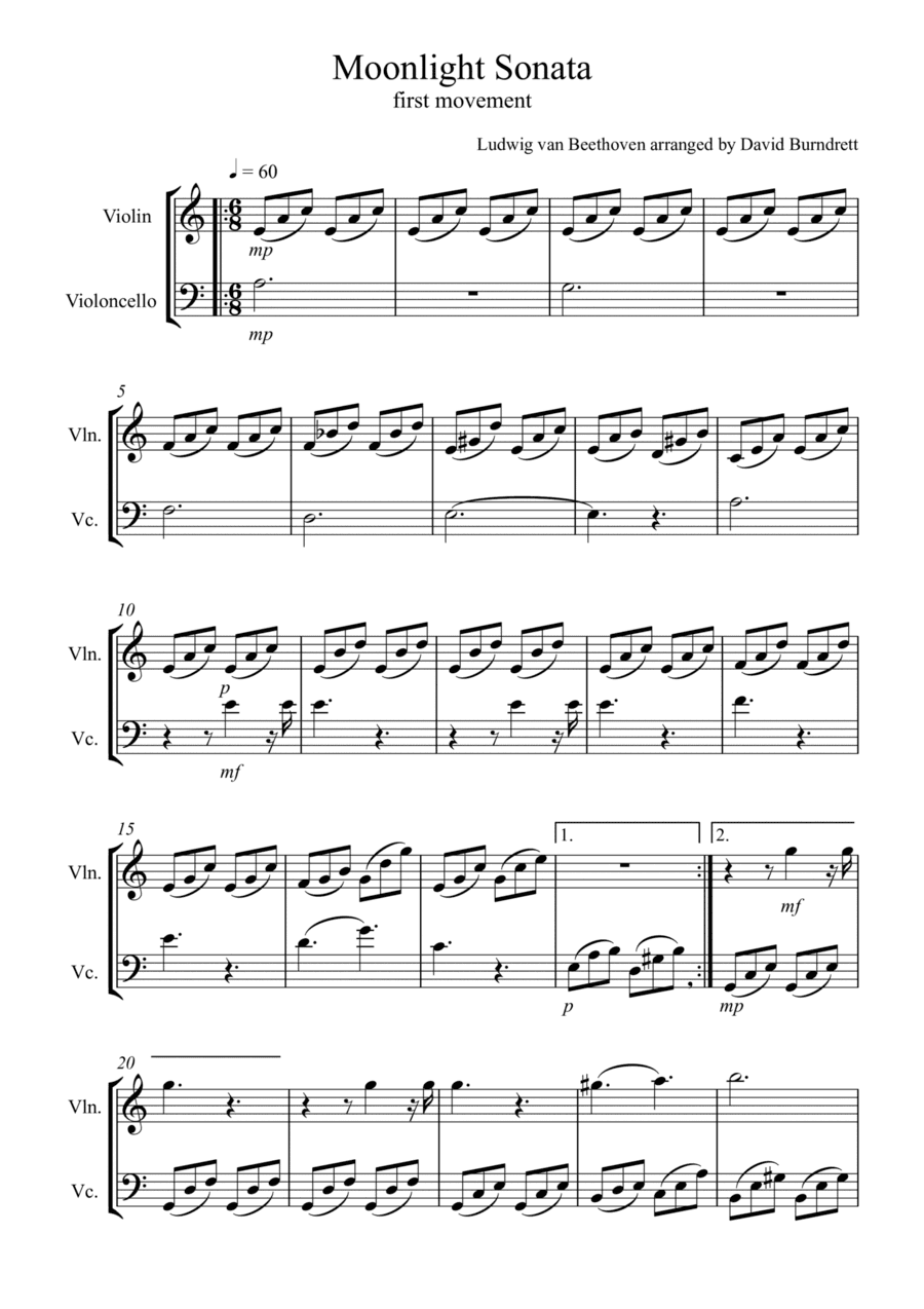 Moonlight Sonata (1st movement) for Violin and Cello Duet (arr. David Burndrett)