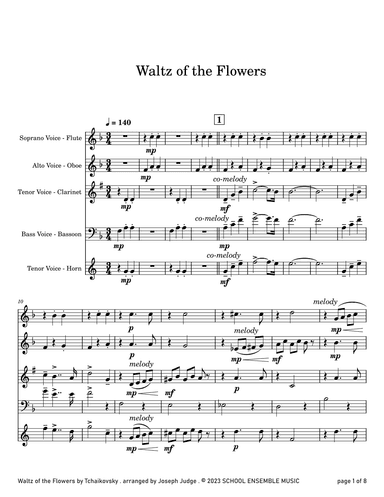 Waltz Of The Flowers by Tchaikovsky for Woodwind Quartet in Schools (arr. Joseph Judge)