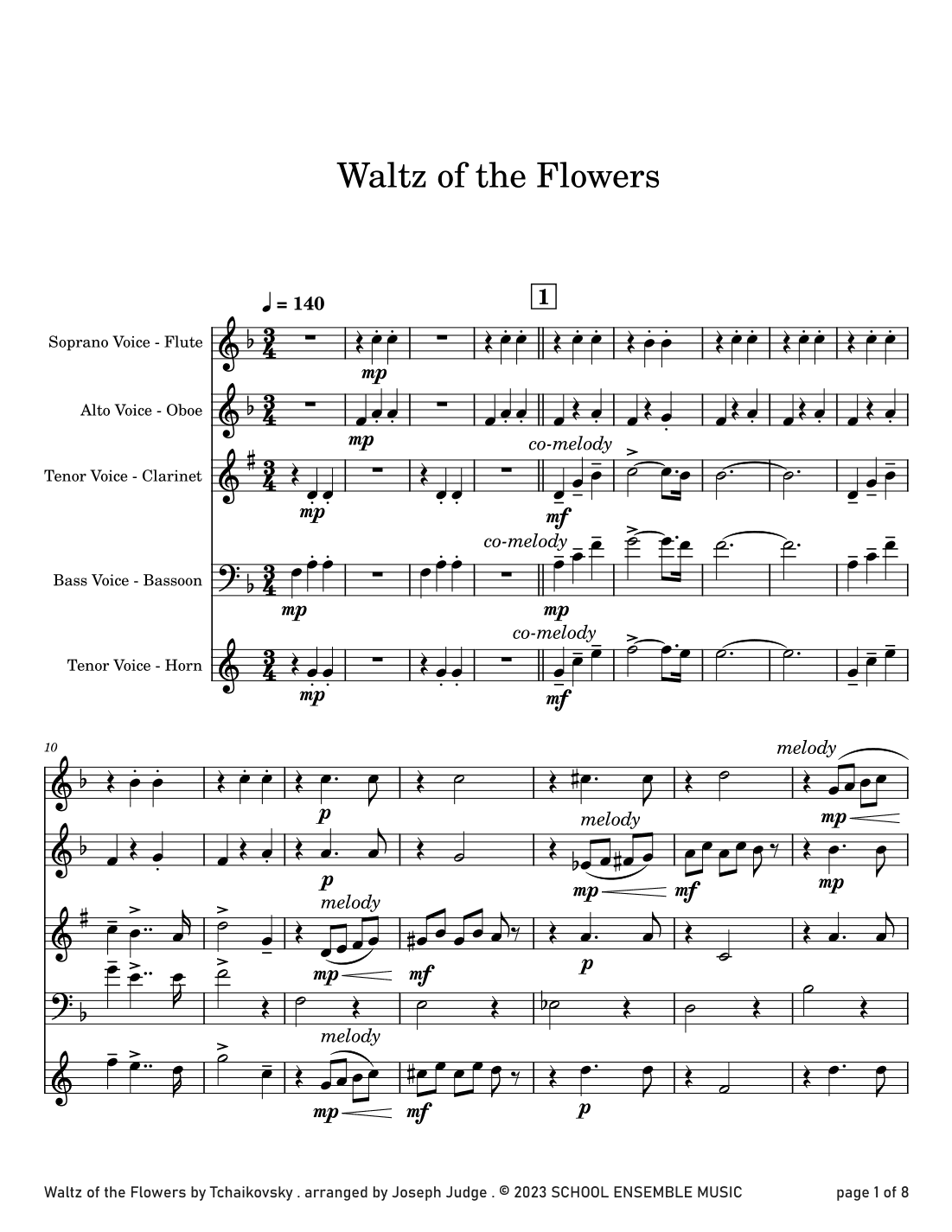 Waltz Of The Flowers by Tchaikovsky for Woodwind Quartet in Schools (arr. Joseph Judge)