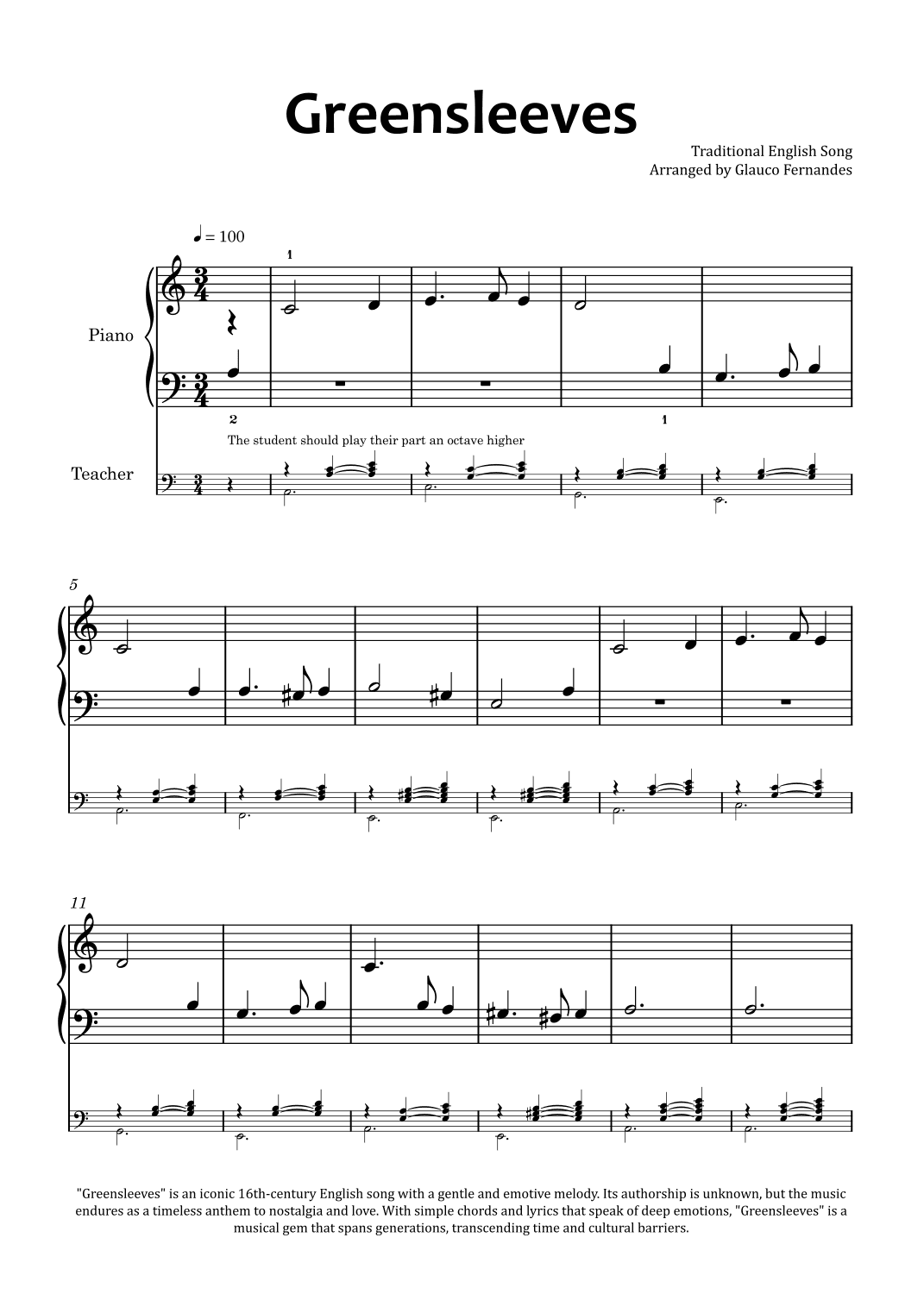 Greensleeves - Easy Piano (piano duet) (arr. Glauco Fernandes)