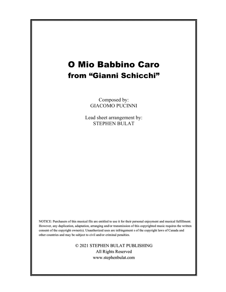O Mio Babbino Caro (Pavarotti) - Lead sheet (key of C) (arr. Stephen Bulat)