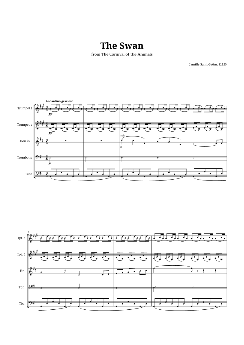 The Swan by Saint-Saëns for Brass Quintet (arr. Langanho)
