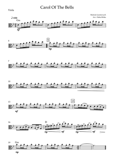 Carol Of The Bells (Mykola Leontovych) for Viola Solo with Chords (arr. Fabio Britto)