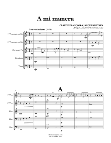 My way (A mi manera). Brass Quintet. Score & Parts