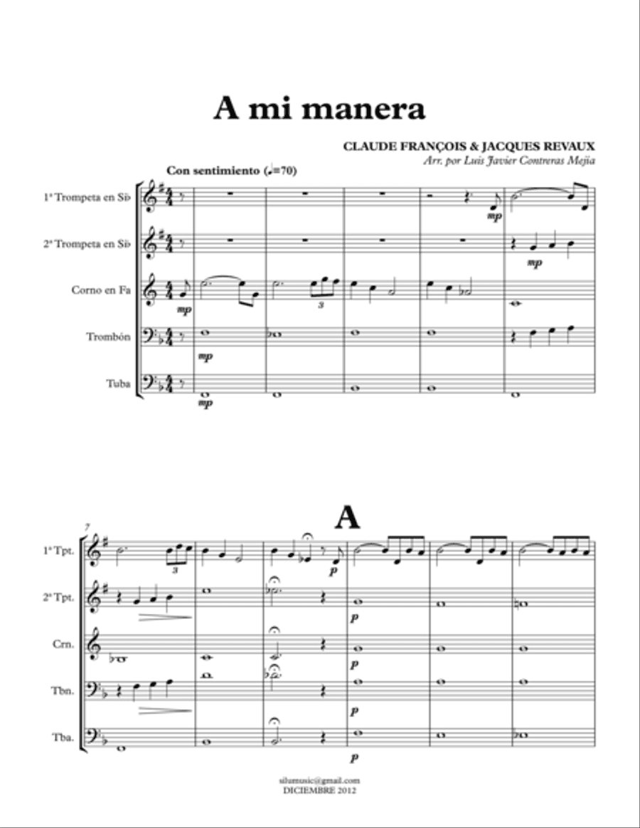 My way (A mi manera). Brass Quintet. Score & Parts