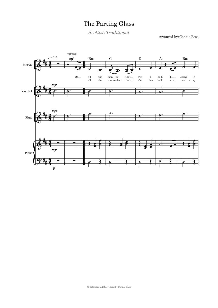 The Parting Glass - lower key (D) - solo, flute, violin and piano