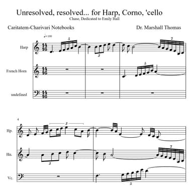Unresolved, resolved... for Harp, Corno, 'cello