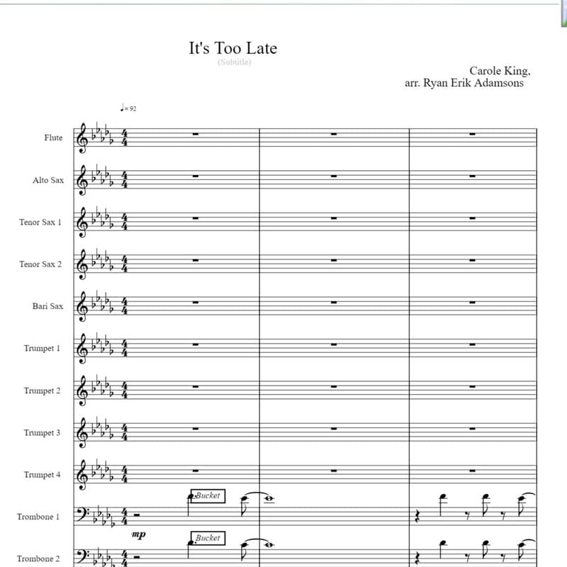 It's Too Late (arr. Ryan Erik Adamsons (ASCAP))