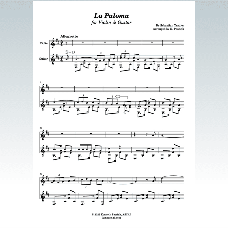 La Paloma (for Violin & Guitar) (arr. Kenneth Pasciak)