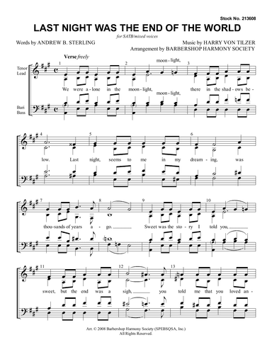 Last Night Was The End Of The World (arr. Barbershop Harmony Society)