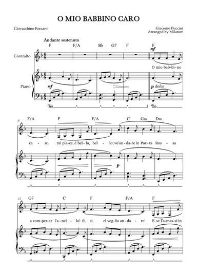 O Mio Babbino Caro | Female Voice Contralto | F Major | Piano accompaniment | Pedal | Chords (arr. Milanov)