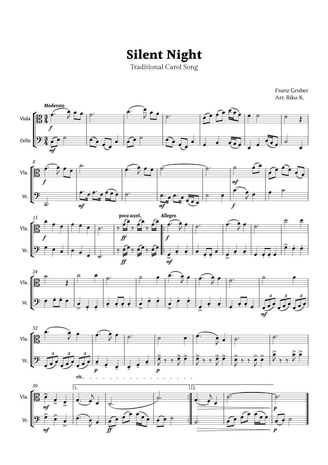 Silent Night for Viola and Cello Duet (arr. Rika K.)