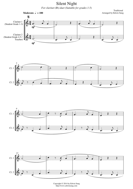 Silent Night (for clarinet(Bb) duet, suitable for grades 1-5) (arr. Edwin Sung)