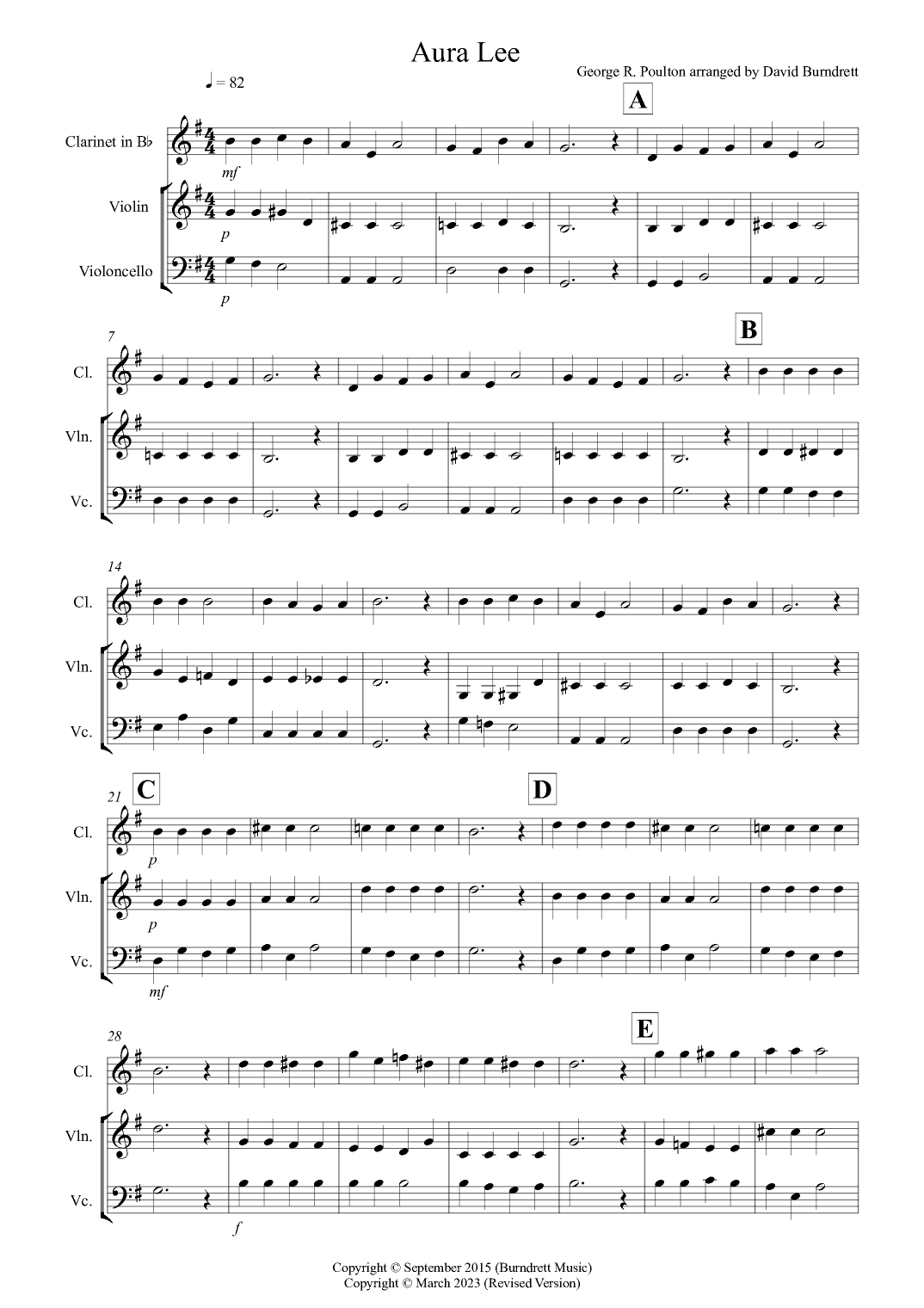 Aura Lee for Clarinet, Violin and Cello Trio (arr. David Burndrett)