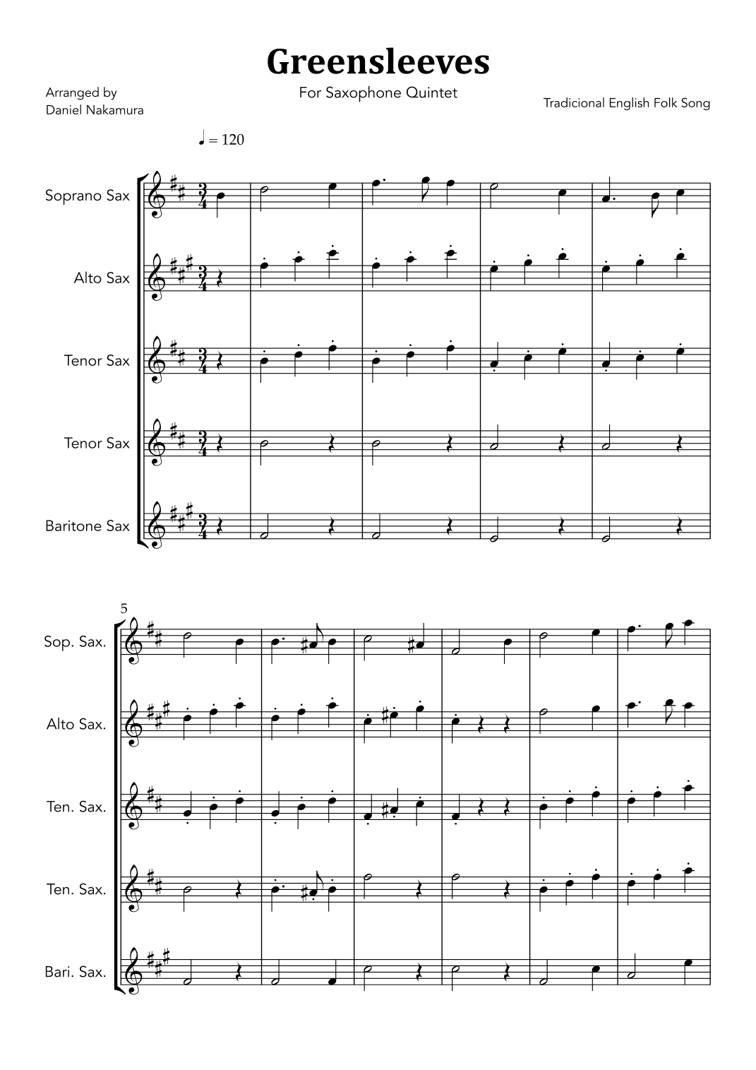 Greensleeves (For Saxophone Quintet) (arr. Daniel Nakamura)