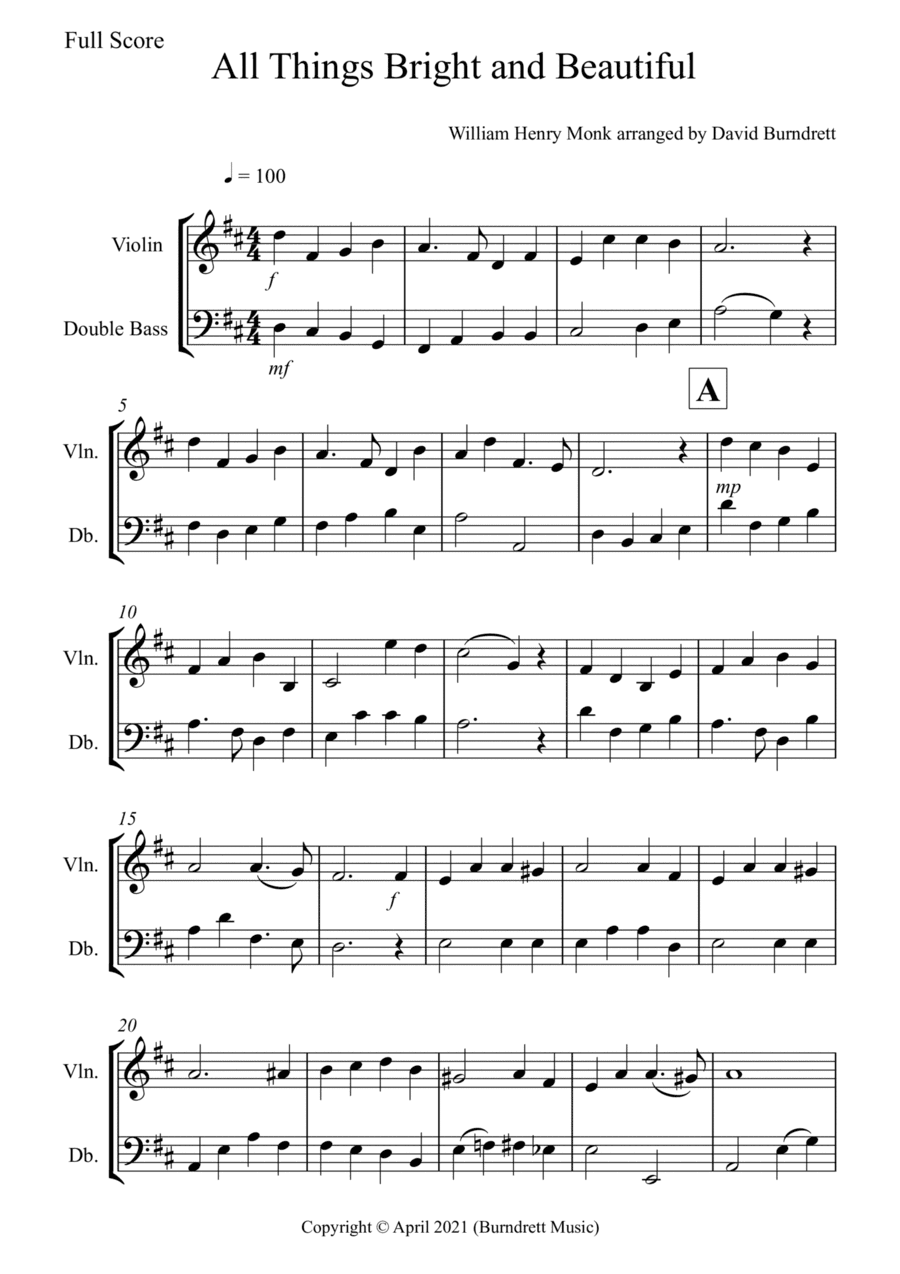 All Things Bright and Beautiful for Violin and Double Bass Duet (arr. David Burndrett)