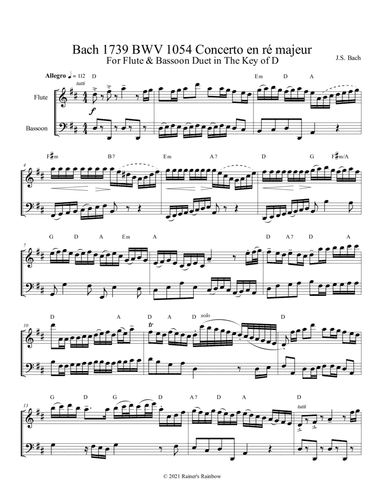 Bach 1739 BWV 1054 Concerto en ré majeur For Duet with Flute & Bassoon in the Key of D (arr. Rainer Grant Roth)