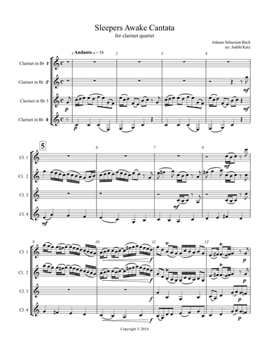 Sleepers Awake Cantata - for clarinet quartet (arr. Judith Katz)