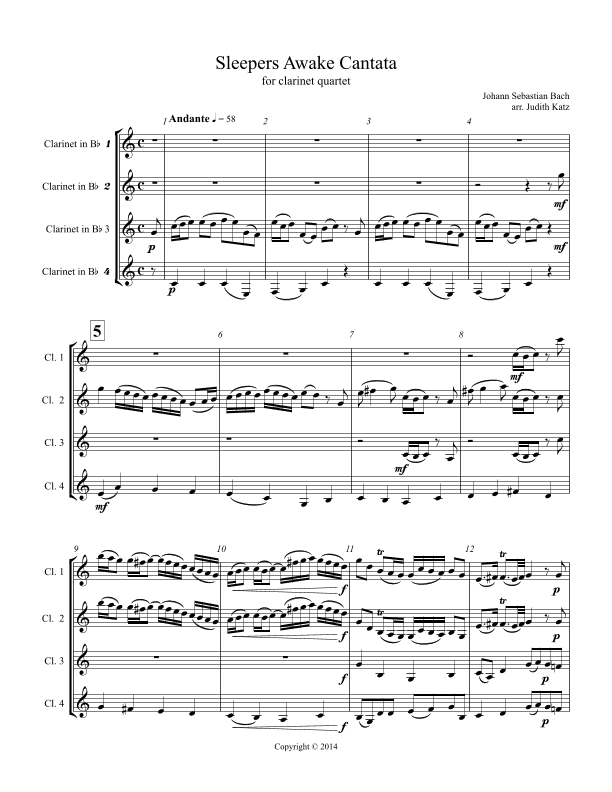 Sleepers Awake Cantata - for clarinet quartet (arr. Judith Katz)