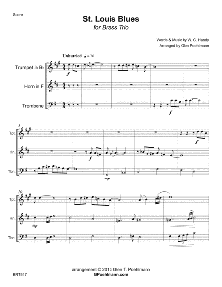 ST. LOUIS BLUES - unaccompanied BRASS TRIO (arr. Glen Poehlmann)