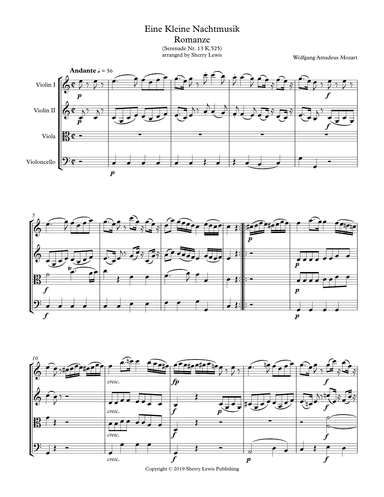 EINE KLEINE NACHTMUSIK - Romanze - (Andante) STRING QUARTET, Intermediate Level (arr. Sherry Lewis)