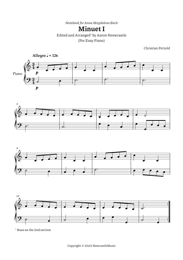 Minuet I Bach, A. M. (Book) | C. Petzold | C Major (#01/12 Keys) — For Easy Piano (arr. Aaron Newcastle)