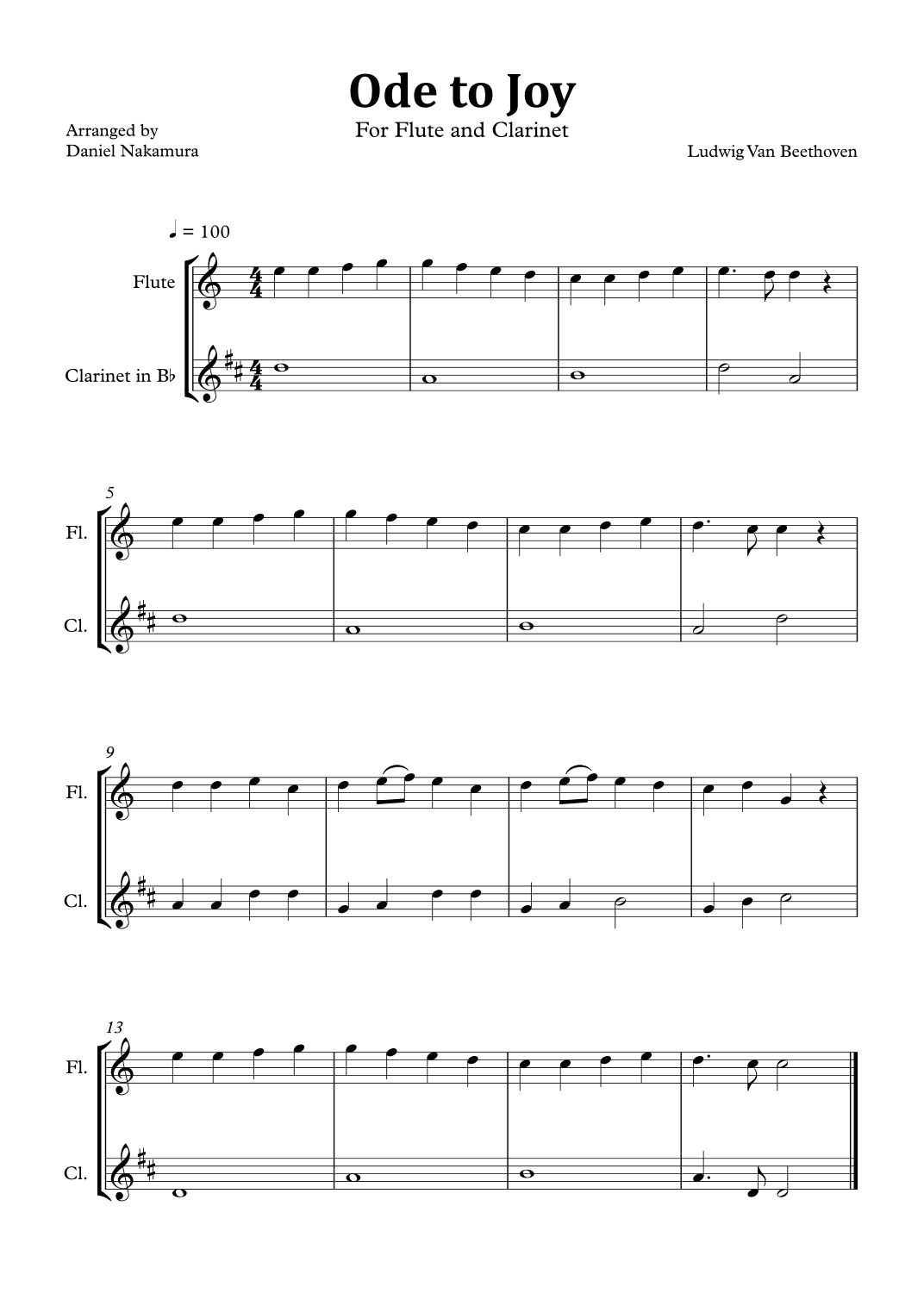 Ode to Joy (Easy Flute and Clarinet) (arr. Daniel Nakamura)