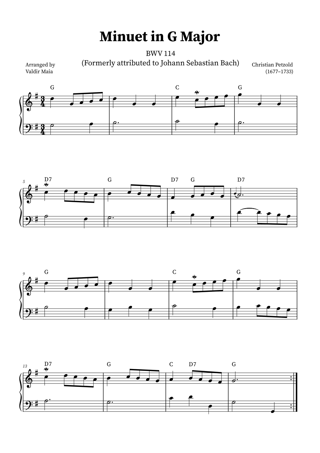 Minuet in G (BWV 114) - + CHORDS (arr. Valdir Maia)