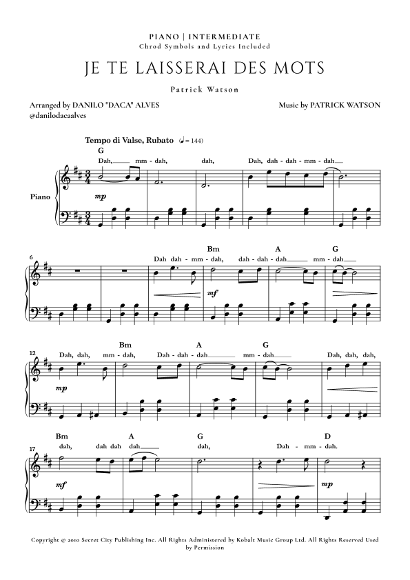 Je Te Laisserai Des Mots (arr. Danilo "Daca" Alves)