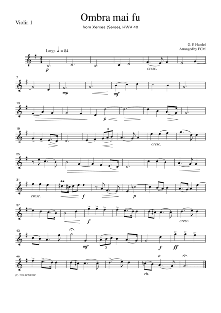 Handel  Ombra mai fu (Largo), for string quartet, CH107 (arr. FCMUSIC)