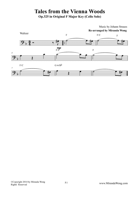 Tales from the Vienna Woods - Wedding Lead Sheet for Cello Solo (Bass Clef) (arr. Miranda Wong)